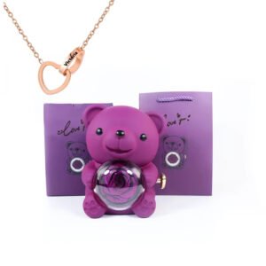 Double Heart Necklace & Eternal Rose Lovely Bear Jewelry Set