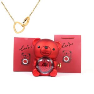 Eternal Rose & Bear Gift Set: Heart-Engraved Necklace, Real Flower Box, and Teddy Keychain