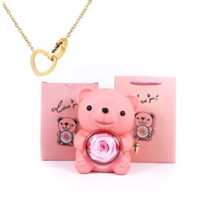 Heart Engraved Name Necklace with Eternal Rose & Bear Gift Box