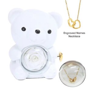 Heart Engraved Necklace & Eternal Rose Bear Gift Box