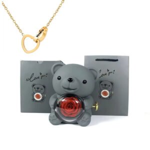 Romantic Heart Necklace & Rotating Eternal Rose Bear Jewelry Box