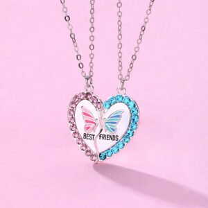 Crystal Accents Butterfly Heart Magnetic BFF Necklaces for 2
