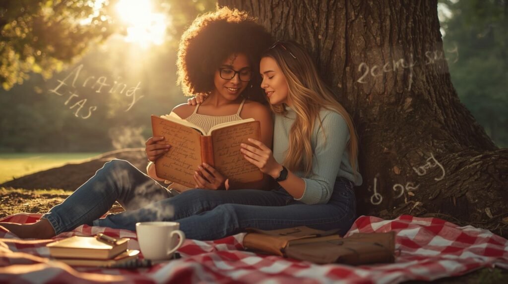 two best friends are reading a book