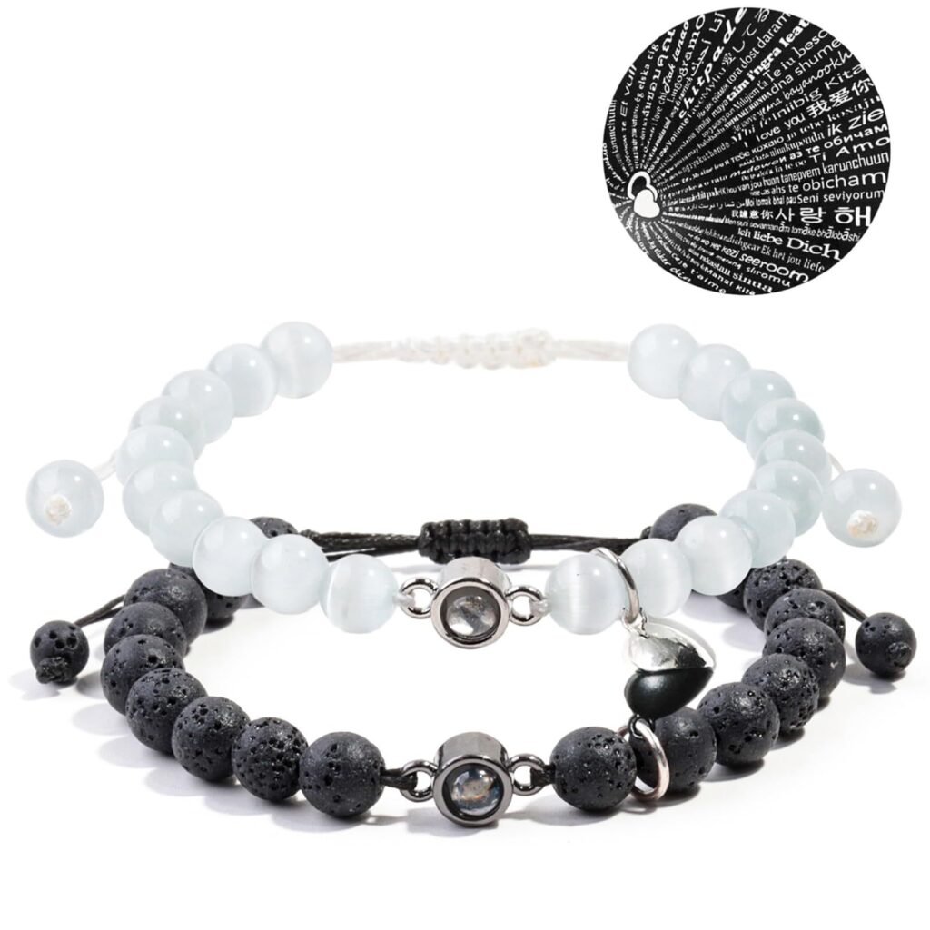 The Meaning Behind Different Couple Bracelet Styles (And Which One Fits Your Relationship) 32 White Cat Eye & Black Lava Stone Couple Magnetic Bracelets, ‘I Love You’ in 100 Languages Projection Stone Gift for New Relationship