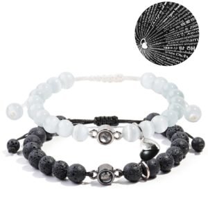 Home 11 White Cat Eye & Black Lava Stone Couple Magnetic Bracelets, ‘I Love You’ in 100 Languages Projection Stone Gift for New Relationship