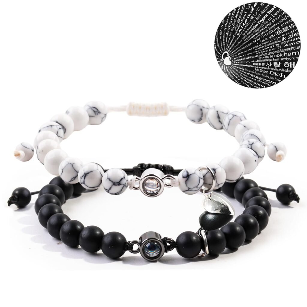 The Meaning Behind Different Couple Bracelet Styles (And Which One Fits Your Relationship) 33 White Turquoise & Black Lava Stone Couple Magnetic Bracelets, ‘I Love You’ in 100 Languages Projection Stone Gift for College Students