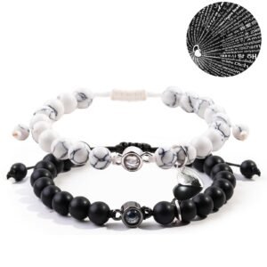 Home 10 White Turquoise & Black Lava Stone Couple Magnetic Bracelets, ‘I Love You’ in 100 Languages Projection Stone Gift for College Students