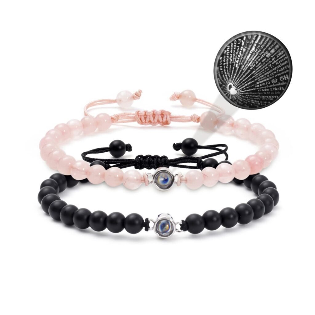 The Meaning Behind Different Couple Bracelet Styles (And Which One Fits Your Relationship) 20 Pink & Black Matching Couple Braceles, ‘I Love You’ in 100 Languages Projection Stone Gift for Valentines Day
