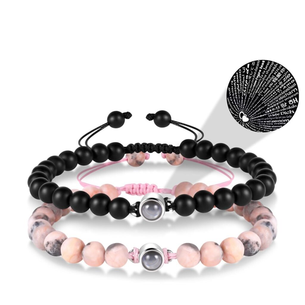 The Meaning Behind Different Couple Bracelet Styles (And Which One Fits Your Relationship) 22 Pink Zebra-patterned & Black Beads Bracelets for Couples-‘I Love You’ in 100 Languages Projection Stone Jewelry Set