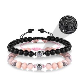Home 16 Pink Zebra-patterned & Black Beads Bracelets for Couples-‘I Love You’ in 100 Languages Projection Stone Jewelry Set