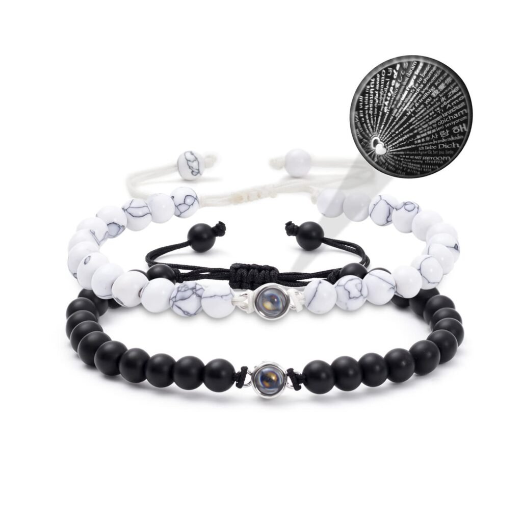 The Meaning Behind Different Couple Bracelet Styles (And Which One Fits Your Relationship) 34 White Turquoise & Black Matching Couple Bracelets, ‘I Love You’ in 100 Languages Projection Stone Gift for Anniversary