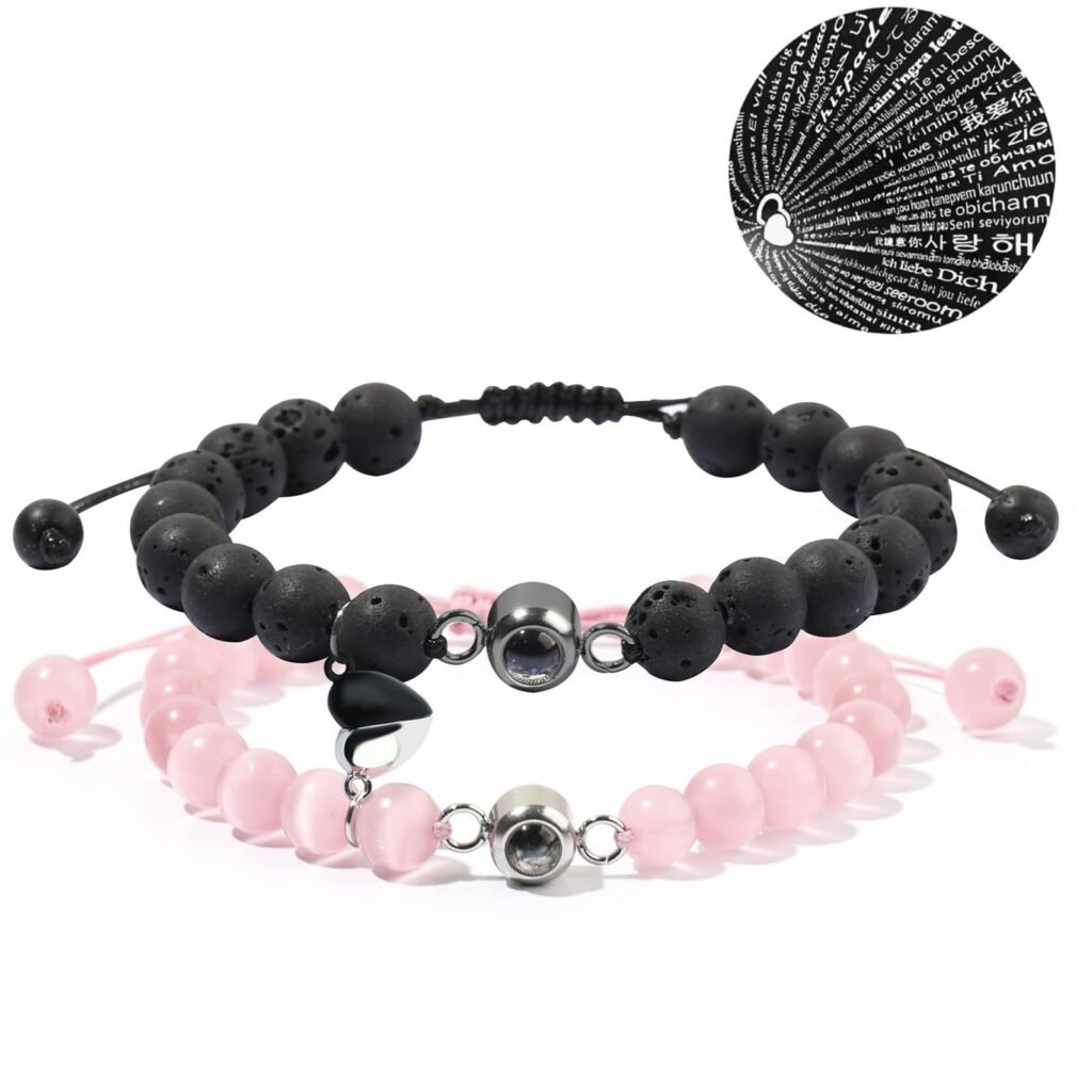 The Meaning Behind Different Couple Bracelet Styles (And Which One Fits Your Relationship) 21 Pink Cat Eye & Black Lava Stone Couple Magnetic Bracelets, ‘I Love You’ in 100 Languages Projection Stone Gift for Promise