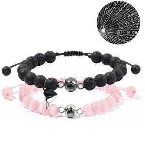 Home 13 Pink Cat Eye & Black Lava Stone Couple Magnetic Bracelets, ‘I Love You’ in 100 Languages Projection Stone Gift for Promise