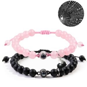 Home 12 Rose Quartz & Black Lava Stone Couple Magnetic Bracelets, ‘I Love You’ in 100 Languages Projection Stone Gift for Friendship-to-love