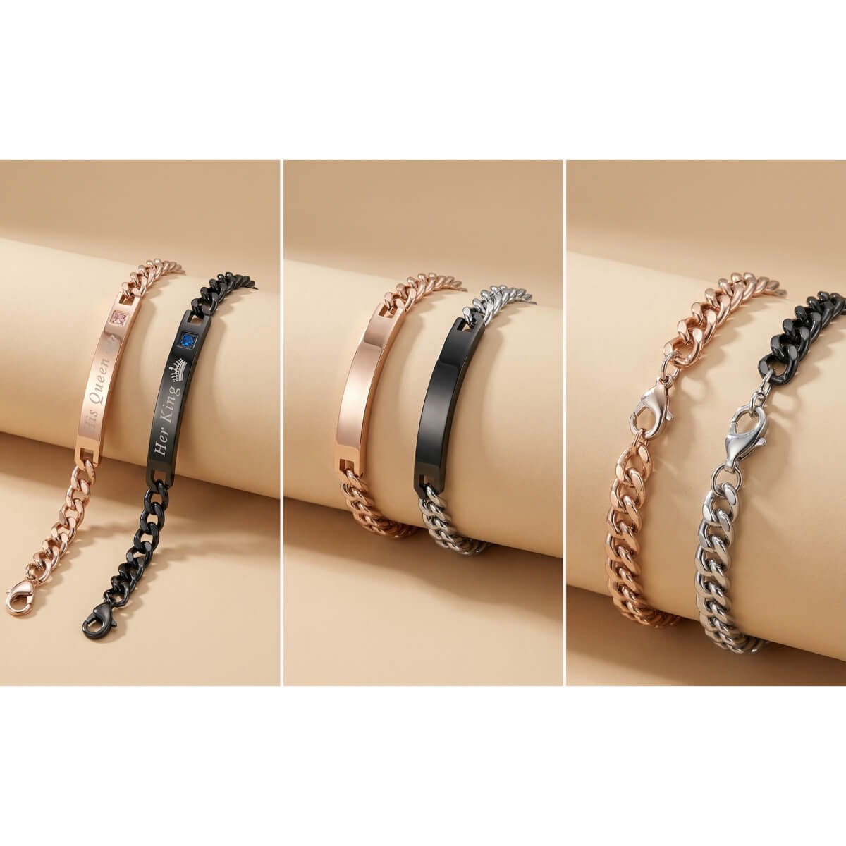 Romantic Matching King Queen Zircon Titanium Steel Bracelets for Couple 5 Romantic Matching King Queen Zircon Titanium Steel Bracelets for Couple