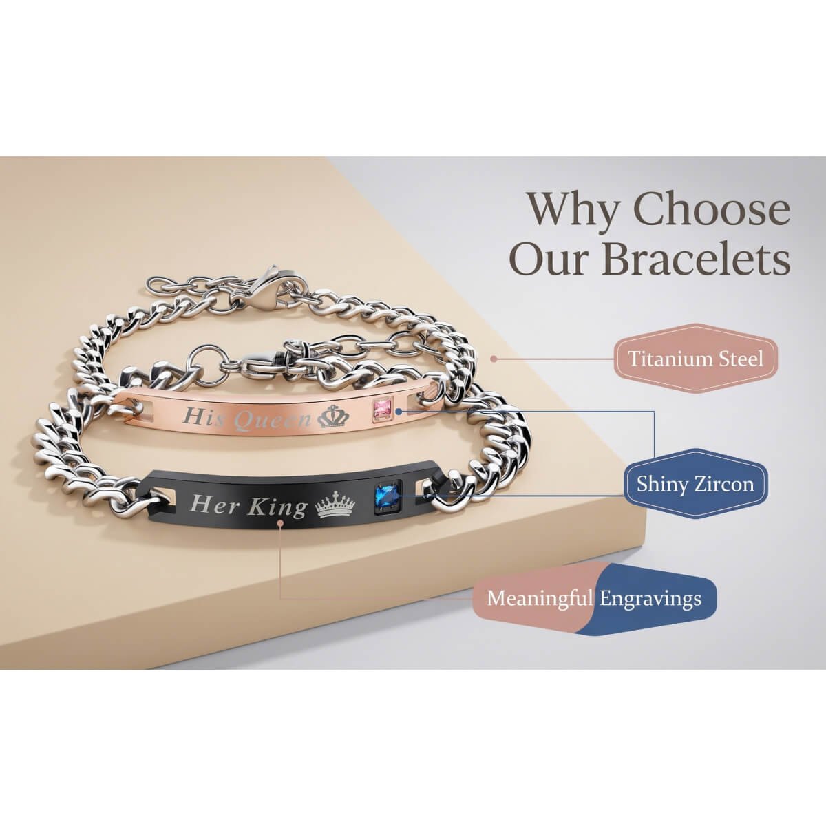 Romantic Matching King Queen Zircon Titanium Steel Bracelets for Couple 4 Romantic Matching King Queen Zircon Titanium Steel Bracelets for Couple