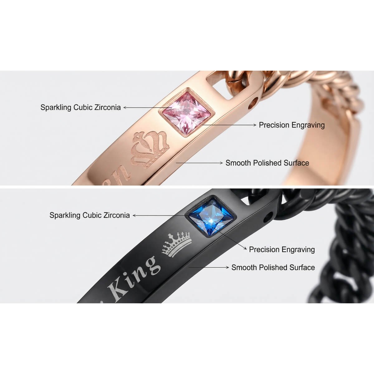 Romantic Matching King Queen Zircon Titanium Steel Bracelets for Couple 3 Romantic Matching King Queen Zircon Titanium Steel Bracelets for Couple