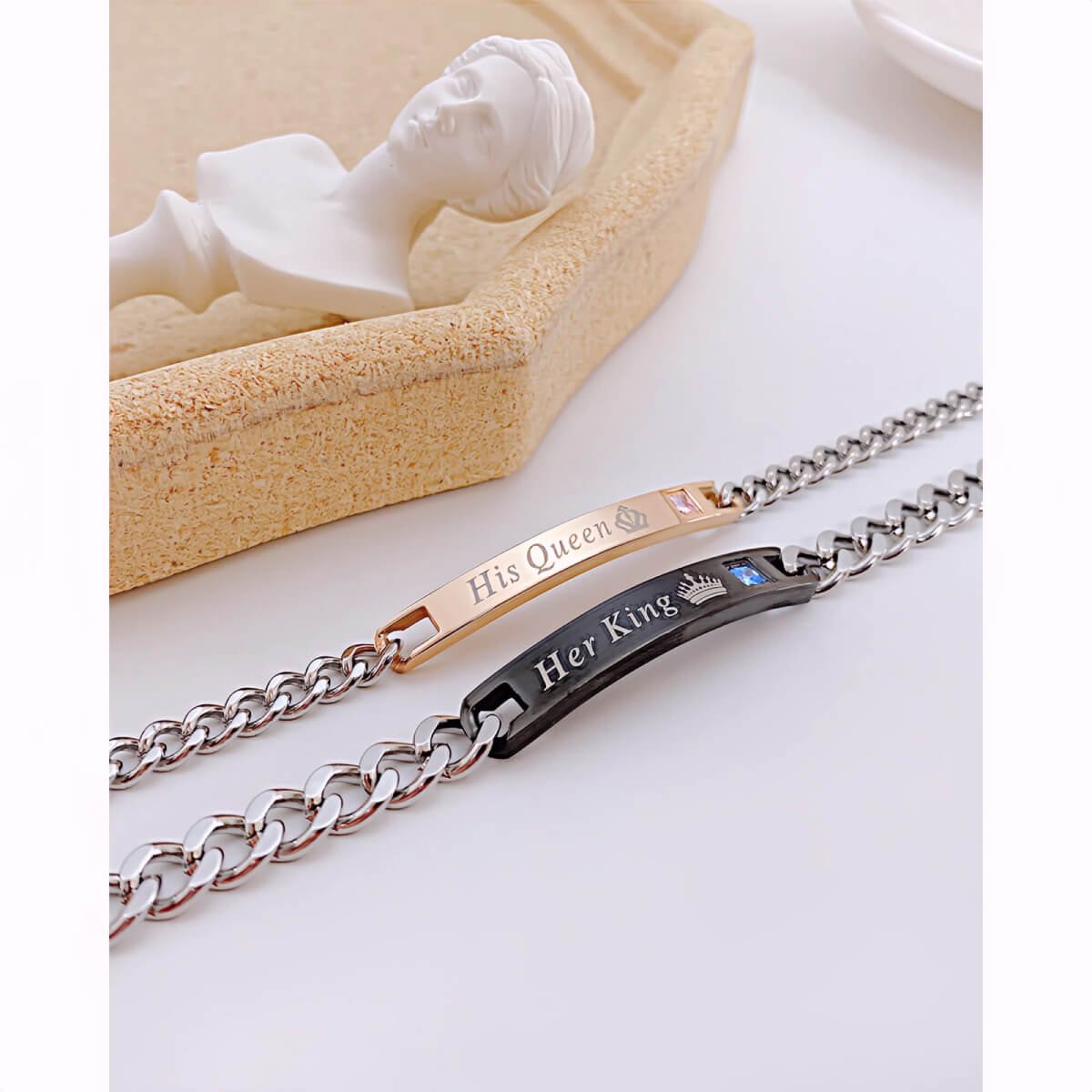 Romantic Matching King Queen Zircon Titanium Steel Bracelets for Couple 6 Romantic Matching King Queen Zircon Titanium Steel Bracelets for Couple - Image 6