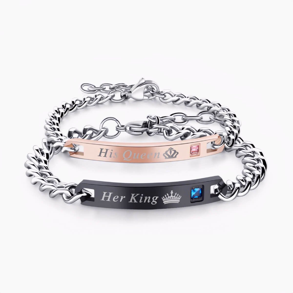 Romantic Matching King Queen Zircon Titanium Steel Bracelets for Couple 1 Romantic Matching King Queen Zircon Titanium Steel Bracelets for Couple