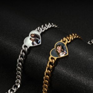 Stainless Steel Custom Photo Heart Bracelet - Temperature Sensitive Color Changing Jewelry, Non-Tarnish